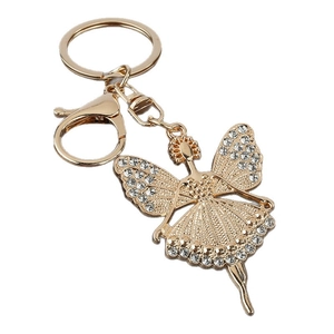 Golden ballerina fairy keychain with sparkling crystal rhinestones and lobster clasp
