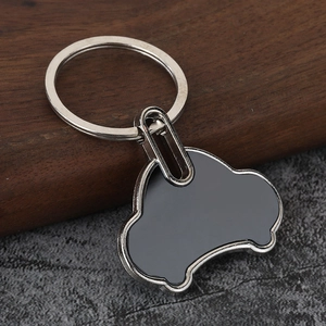 Detailed macro view of car-shaped metal keychain with sublimation insert panel
