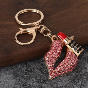 Pink crystal lips and red lipstick keychain with golden metal ring for bags