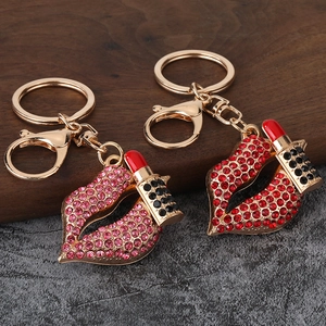 Sparkling crystal red lips and lipstick metal keychain set with golden clasp for bags