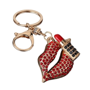 Sparkling red rhinestone lips keychain with lipstick pendant and golden lobster clasp