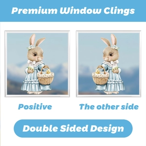 Detailed double sided view of Easter bunny window clings with colorful eggs and chicks