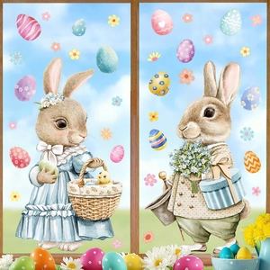 Easter Window Clings Static Double Sided Watercolor Rabbit Colorful Eggs Glass Decals Reusable Holiday Home Decor