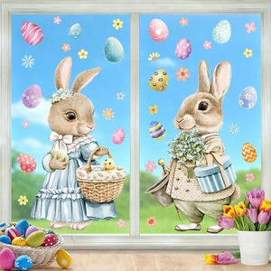 Easter bunny and colorful eggs static window stickers on glass for festive home decoration