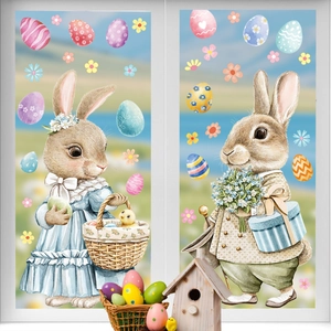 Easter static window clings set featuring rabbits and colorful eggs on glass surface
