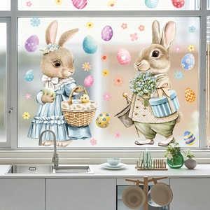 Easter bunny and colorful eggs static window stickers for festive home glass decoration