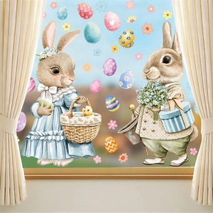 Detailed view of watercolor Easter bunny window clings with floral eggs on glass