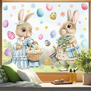 Detail of Easter static window clings featuring watercolor rabbits and colorful floral eggs