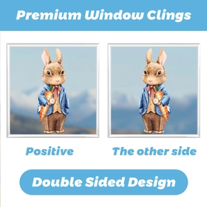 Macro detail of double-sided Easter Bunny window cling showing vintage Peter Rabbit design