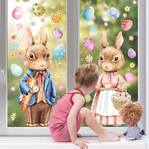 Easter watercolor window stickers with cute dressed rabbits and colorful eggs for decor