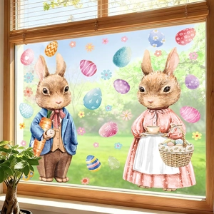 Easter window stickers with cute bunnies holding a pocket watch and colorful eggs