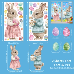 Detailed size guide of Easter bunny window stickers showing 37 hand-drawn PVC decals