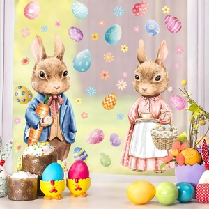 Easter rabbit and egg window stickers set with bunny in blue jacket and vintage dress