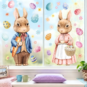 Easter bunny window decals featuring watercolor rabbits with eggs and flowers on glass