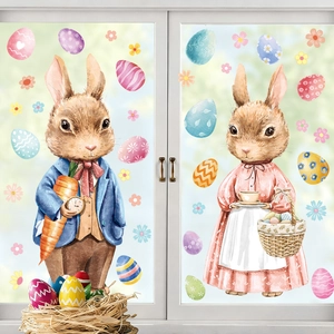 Detail of Easter static window stickers featuring watercolor rabbits and colorful eggs