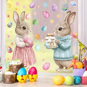 Pegatinas de Pascua para ventanas con conejos y huevos de colores para decoración