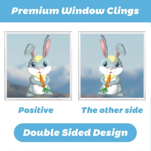 Double-sided Easter window cling featuring a cute cartoon rabbit holding a carrot detail