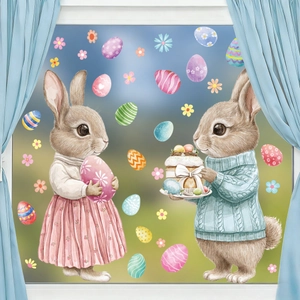 Pegatinas de Pascua para ventana con lindos conejitos y huevos de colores decorativos