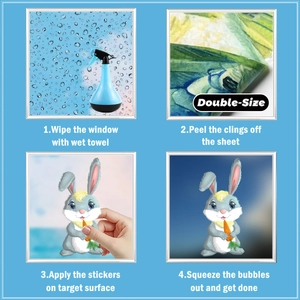 Double-sided Easter bunny window stickers showing easy 4-step installation for glass decor