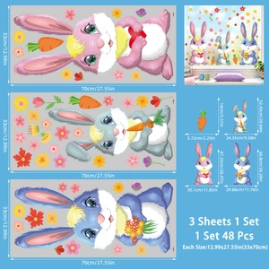 Detailed dimensions of 3-sheet Easter window stickers set with cartoon bunnies and eggs