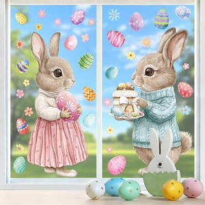 Pegatinas de Pascua para ventanas con conejitos lindos y huevos de colores vivos