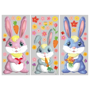 Cute Easter window stickers set with cartoon rabbits and colorful eggs for glass decoration