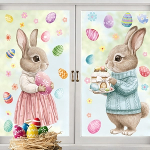 Detalle de pegatinas de Pascua con conejos animados y huevos de colores para ventanas