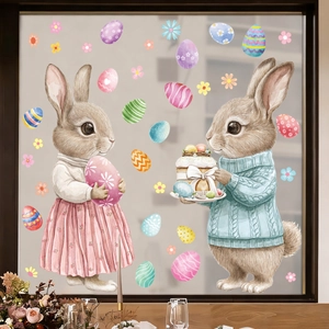 Detalle de pegatinas de Pascua para ventanas con conejos en acuarela y huevos de colores
