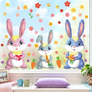 Cartoon Bunny Window Clings Static PVC Double Sided Easter Glass Stickers Flower Carrots Home Decoration Removable Kids Room Decals