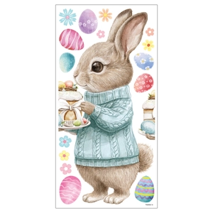 Detail of Easter bunny sticker with watercolor rabbit holding a cake and painted eggs