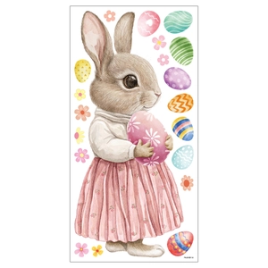 Watercolor Easter bunny holding pink egg with floral stickers for window decoration