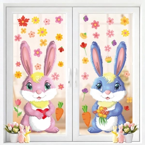 Easter window decals set with cartoon bunnies, colorful flowers and carrots for glass