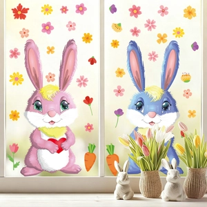 Easter window stickers with cartoon bunnies and eggs on a glass surface