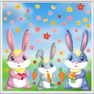Close-up of Easter window stickers featuring three cartoon bunnies with carrots and flowers