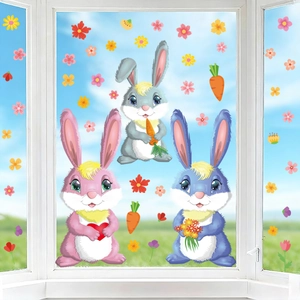 Easter window clings featuring colorful cartoon rabbits, carrots and spring floral decals
