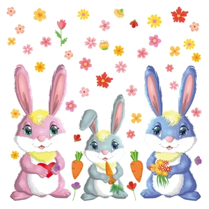Easter window decals featuring cartoon bunnies with carrots and colorful flowers