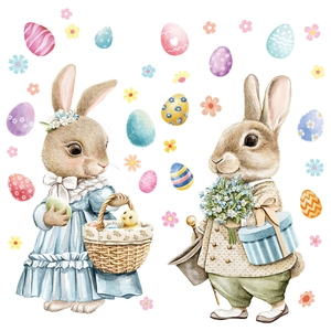 Easter bunny window decals featuring watercolor rabbits with eggs and flowers decoration