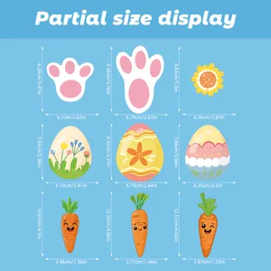 Size guide for Easter wall stickers showing carrots, eggs, and bunny paws dimensions