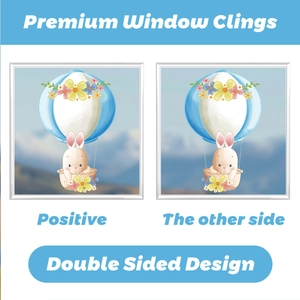 Double-sided Easter window cling featuring a cute bunny in a floral hot air balloon