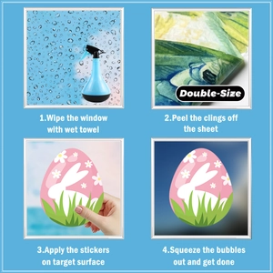 Four-step installation guide for double-sided Easter egg and bunny window stickers