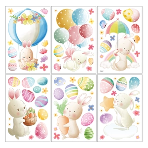 6-sheet Easter bunny and colorful egg PVC static window stickers in watercolor style