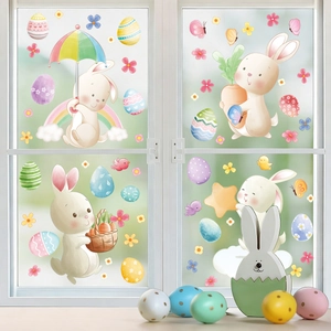 Easter bunny and colorful eggs static PVC window stickers for holiday home decoration