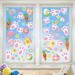 Easter Window Clings Double Sided Static PVC Stickers Colorful Egg Bunny Paw Carrot Flower Decals For Glass Holiday Decor