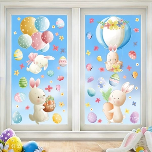 Detailed view of Easter bunny and colorful egg static window stickers on glass