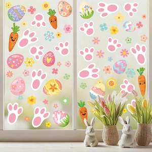 Easter window clings featuring colorful eggs and rabbits on bright glass with tulips