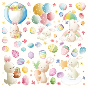 Watercolor Easter bunnies and painted eggs static stickers for festive window decoration