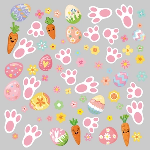 Detail view of colorful hand-drawn Easter eggs, carrots, and bunny footprints wall stickers