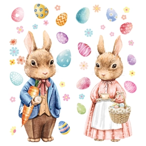 Watercolor Easter bunny stickers with vintage outfits and decorative holiday eggs