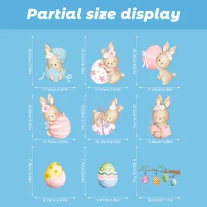 Size guide for Easter window stickers showing nine different rabbit and egg decal dimensions