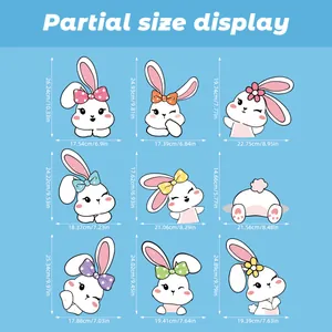 Size chart showing height and width details for nine cartoon Easter bunny window stickers